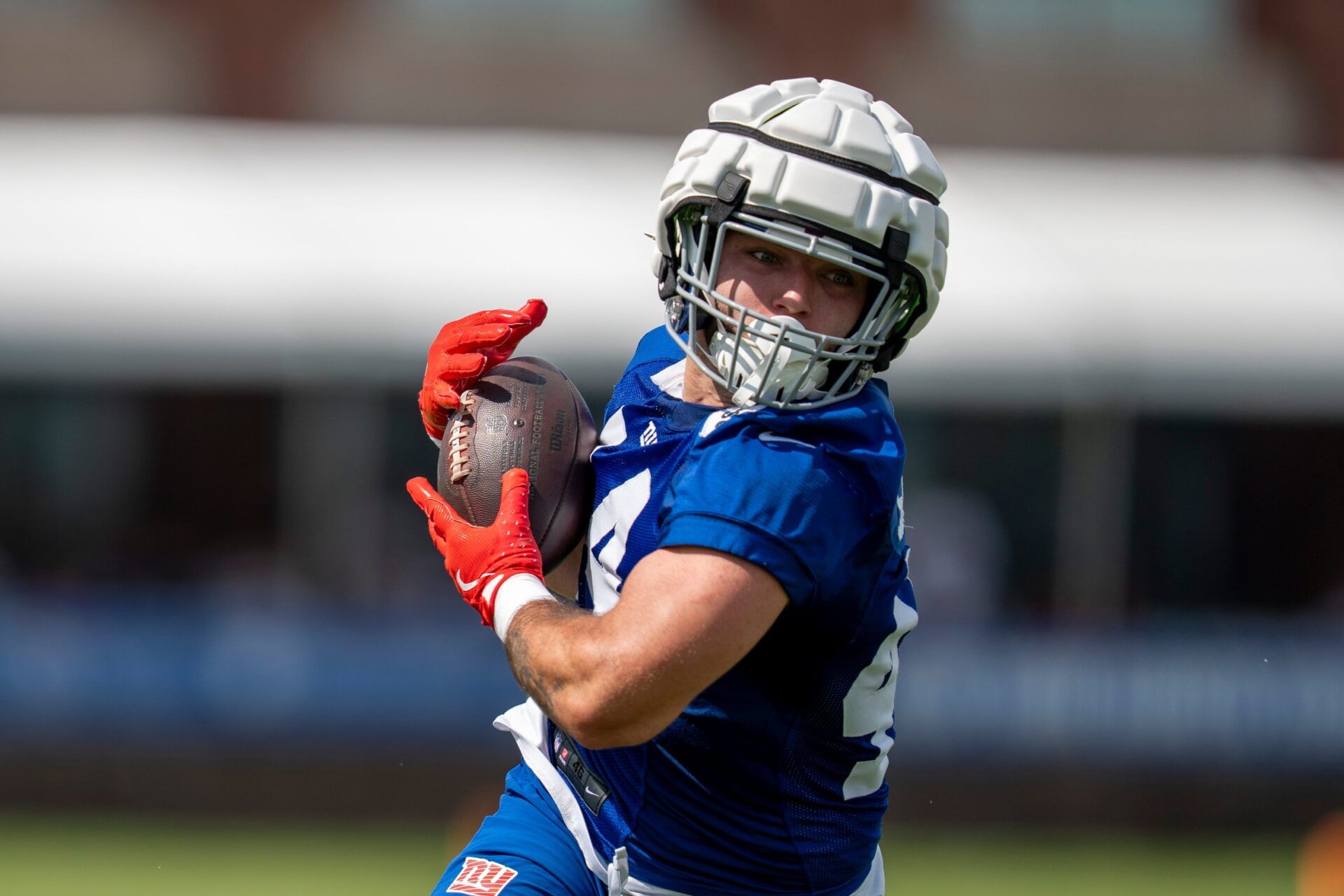 New York Giants running back Cam Skattebo (44) makes a catch during day one of the New York Giants training camp at Quest Diagnostics Giants Training Center in East Rutherford on Wednesday, July 23, 2025.
