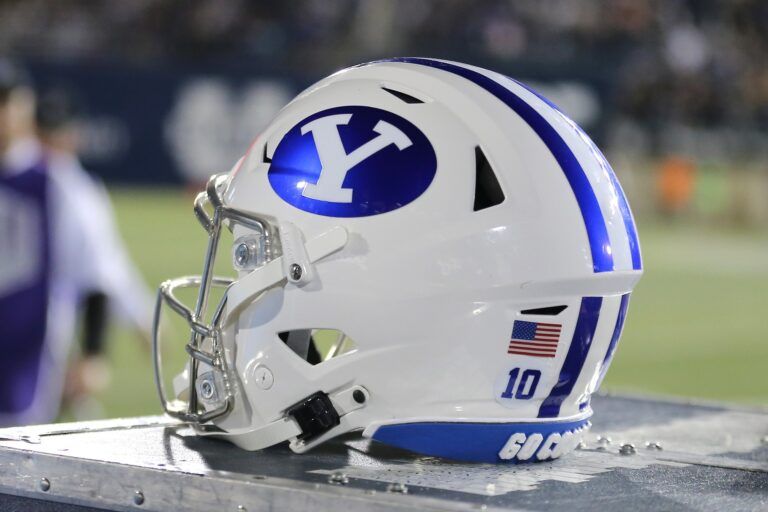 A general view of a helmet worn by Brigham Young Cougars during a game against the Utah State Aggies at Merlin Olsen Field at Maverik Stadium.
