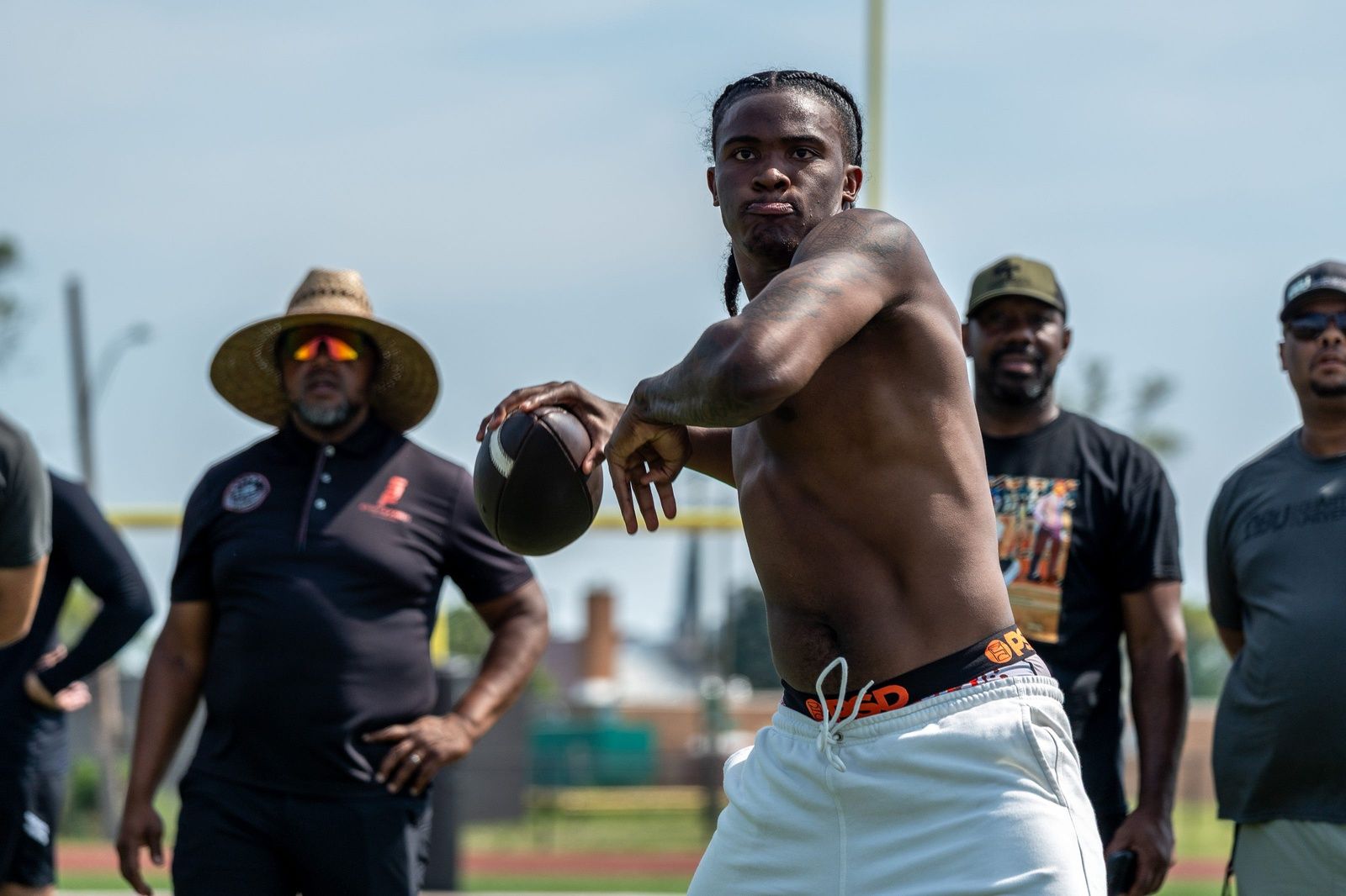 Bryce Underwood, 17, a freshman quarterback at Michigan and the nation’s No. 1 recruit in the 2025 class, participates in a football drill during a private workout in Detroit on Saturday, June 21, 2025.