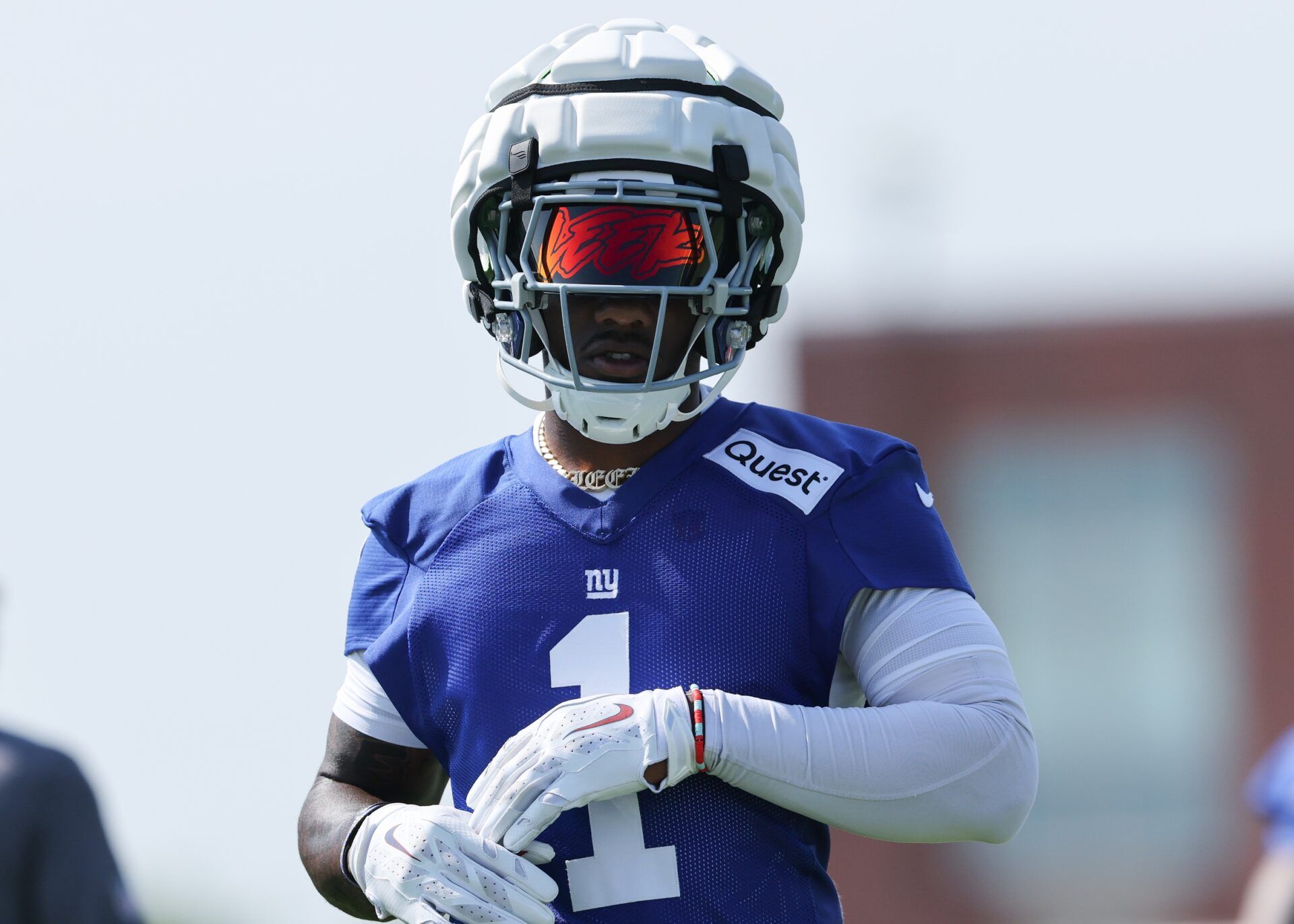 A detailed view of the helmet eye shield worn by New York Giants wide receiver Malik Nabers (1) during training camp at Quest Diagnostics Training Center.