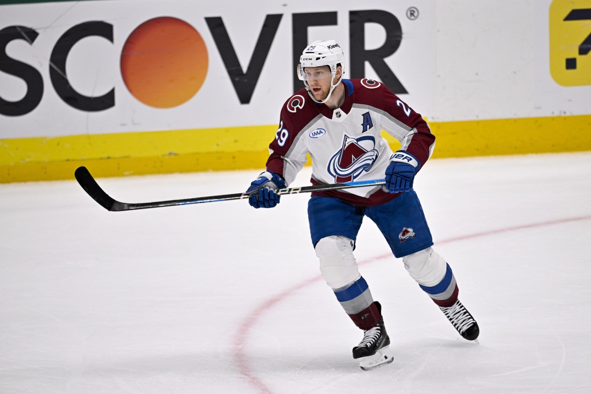 Colorado Avalanche center Nathan MacKinnon (29) in action during the game between the Dallas Stars and the Colorado Avalanche in game seven of the first round of the 2025 Stanley Cup Playoffs at American Airlines Center.