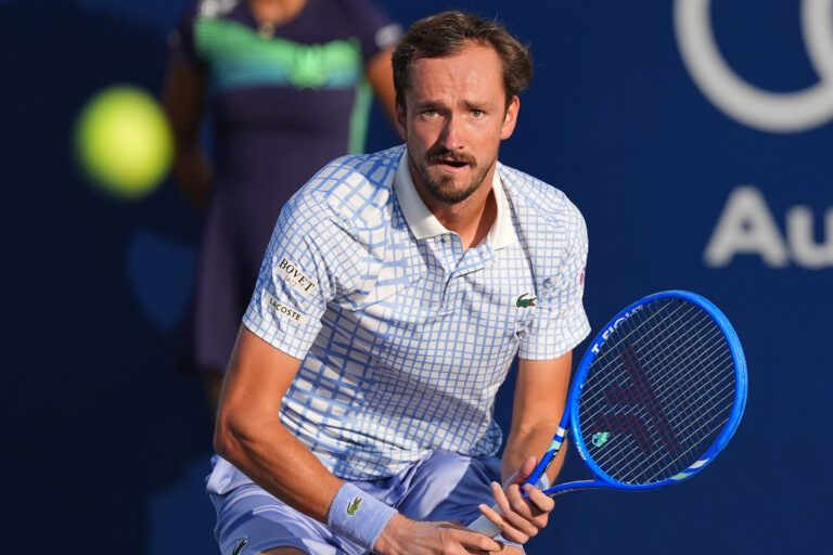 Daniil Medvedev follows a ball hit by Dalibor Svrcina (not pictured) during the second round at Sobeys Stadium.