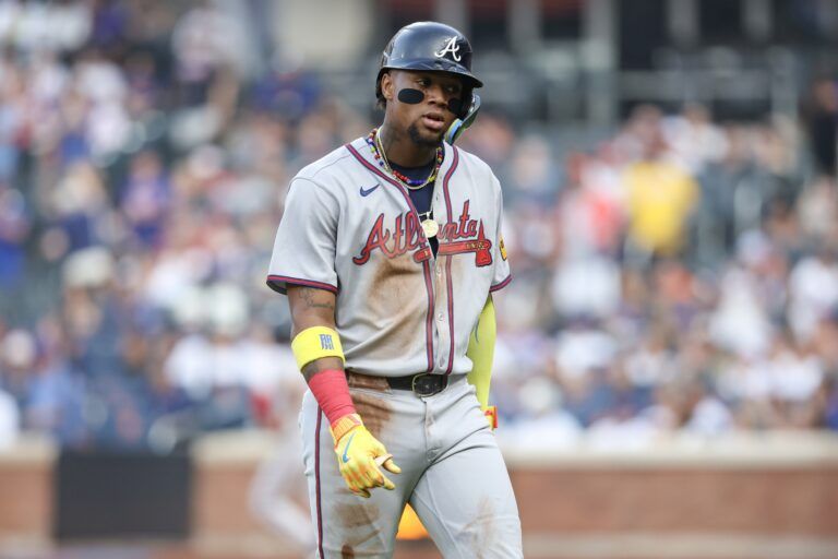 Atlanta Braves right fielder Ronald Acuña Jr. (13) reacts after getting tagged out during a run down play in the first inning against the New York Mets at Citi Field.
