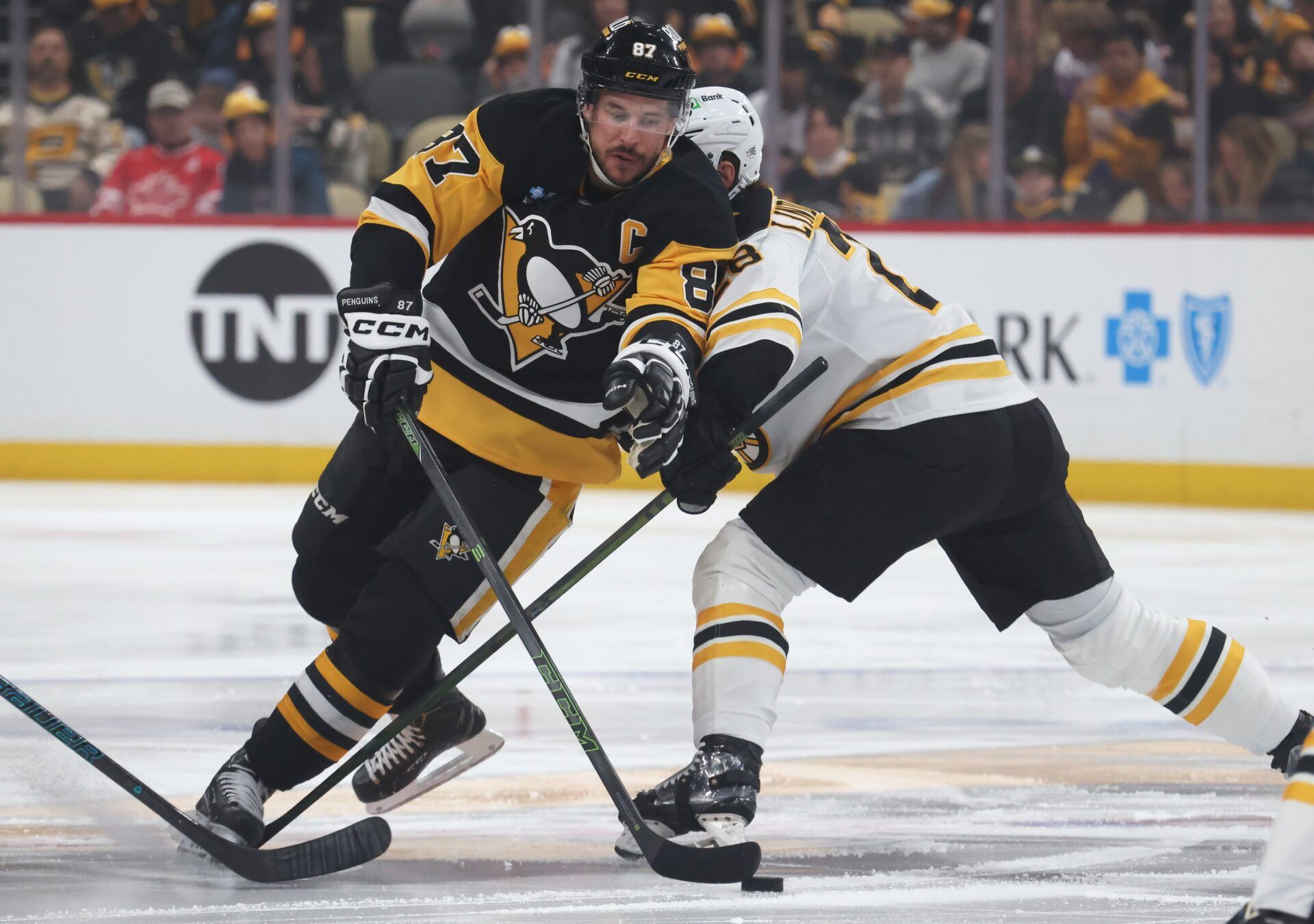 Pittsburgh Penguins center Sidney Crosby (87) moves the puck against Boston Bruins center Elias Lindholm (28) during the first period at PPG Paints Arena.