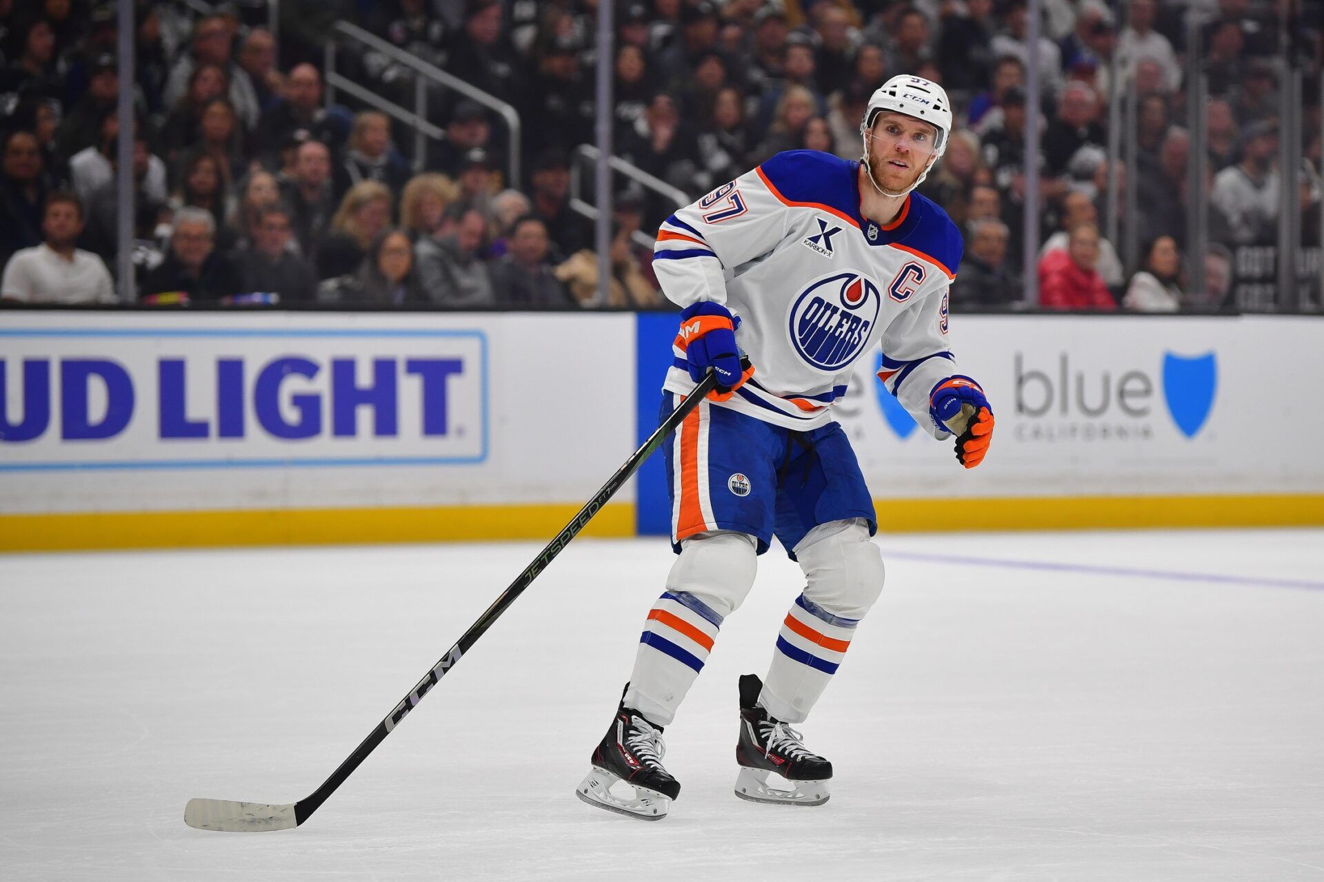 Edmonton Oilers center Connor McDavid (97) in action against the Los Angeles Kings during the first period in game five of the first round of the 2025 Stanley Cup Playoffs at Crypto.com Arena.
