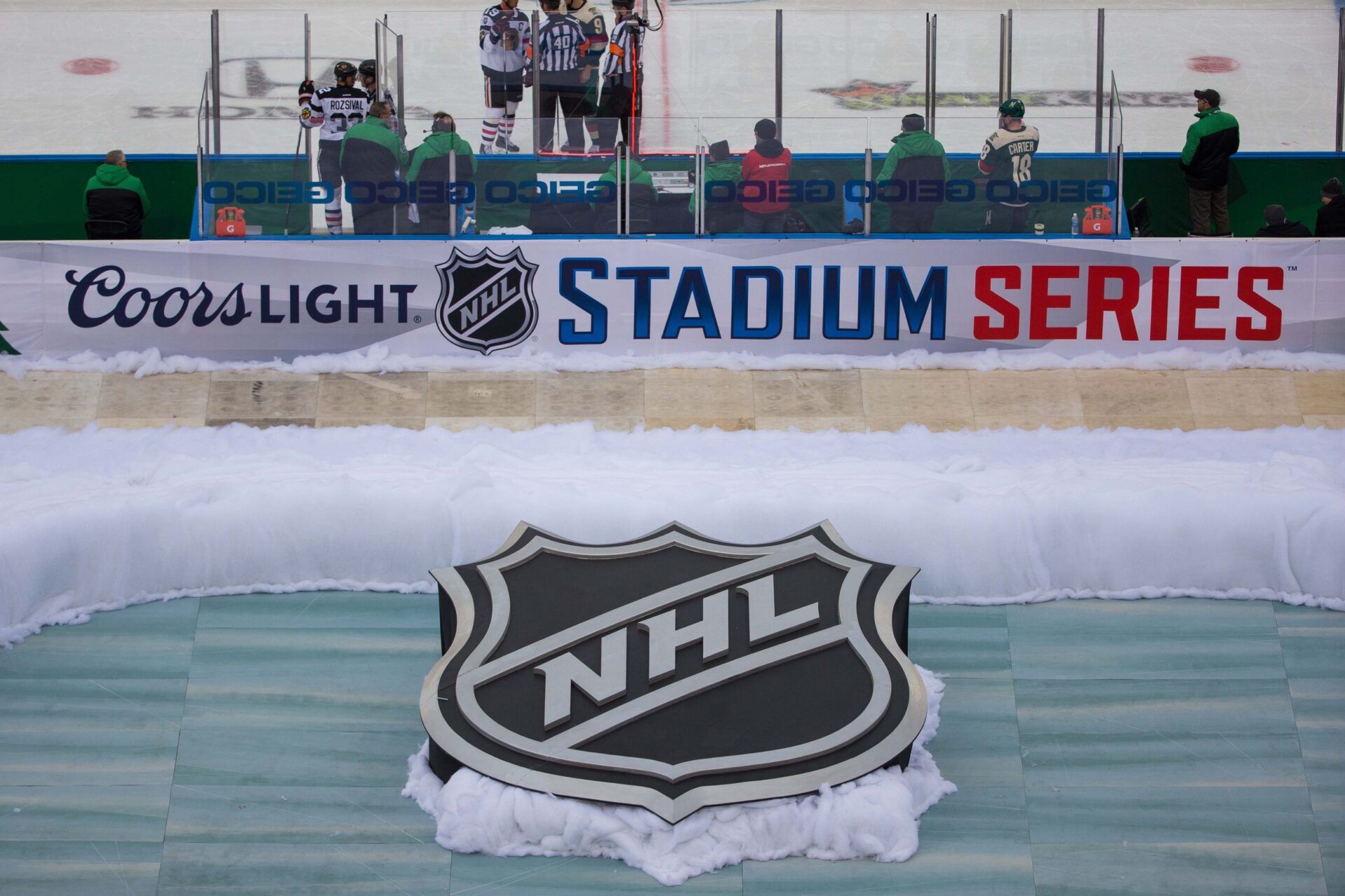 The NHL logo on display in a game between the Minnesota Wild and Chicago Blackhawks in the second period during a Stadium Series hockey game at TCF Bank Stadium.