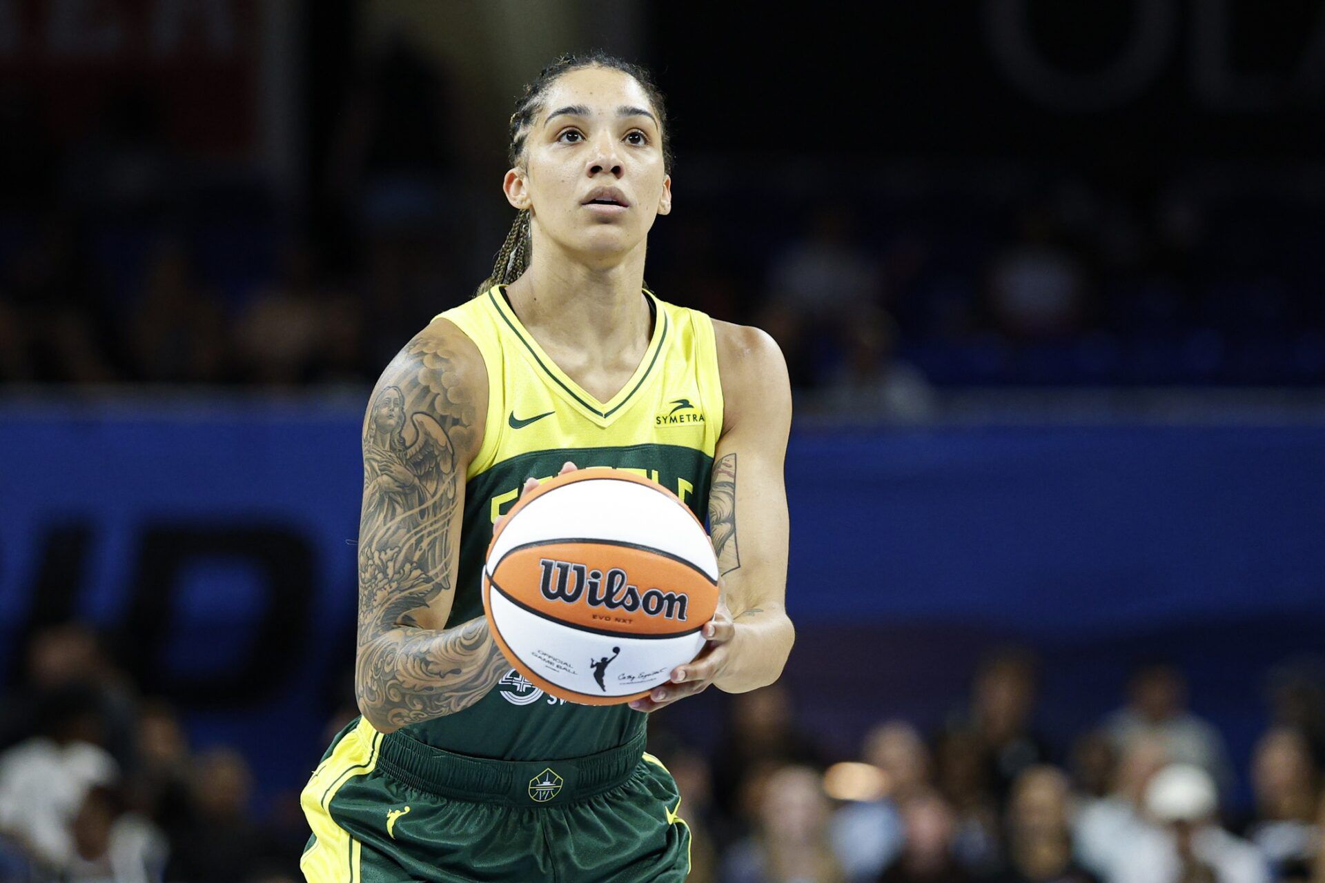 Seattle Storm forward Gabby Williams (5) shoots a free throw against the Chicago Sky during the second half at Wintrust Arena.