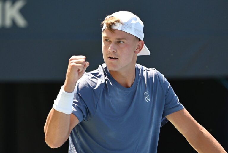 Holger Rune (DEN) celebrates after winning a game against Giovanni Mpetshi Perricard (FRA) during second round play at Sobeys Stadium.