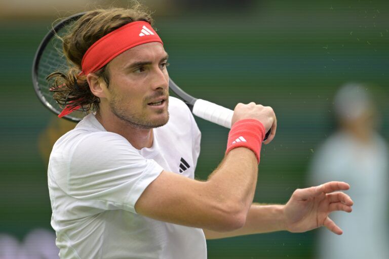 Stefanos Tsitsipas (GRE) hits a shot during his fourth round match against Holger Rune (not pictured) at the BNP Paribas Open the at Indian Well Tennis Garden.