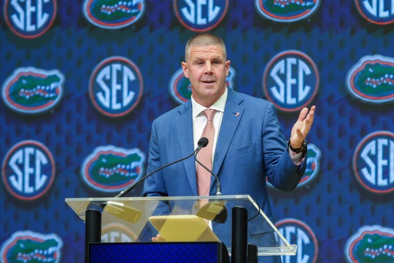 Florida State Gators head coach Billy Napier talks to the media during the SEC Media Days at Omni Atlanta Hotel.