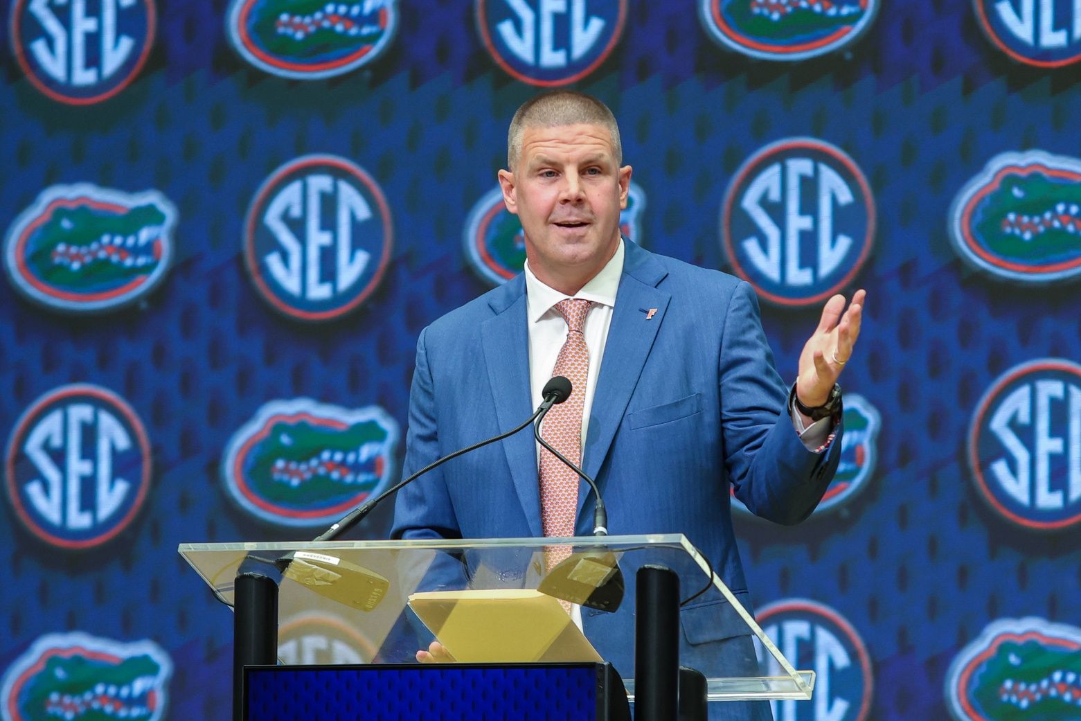 Florida State Gators head coach Billy Napier talks to the media during the SEC Media Days at Omni Atlanta Hotel.