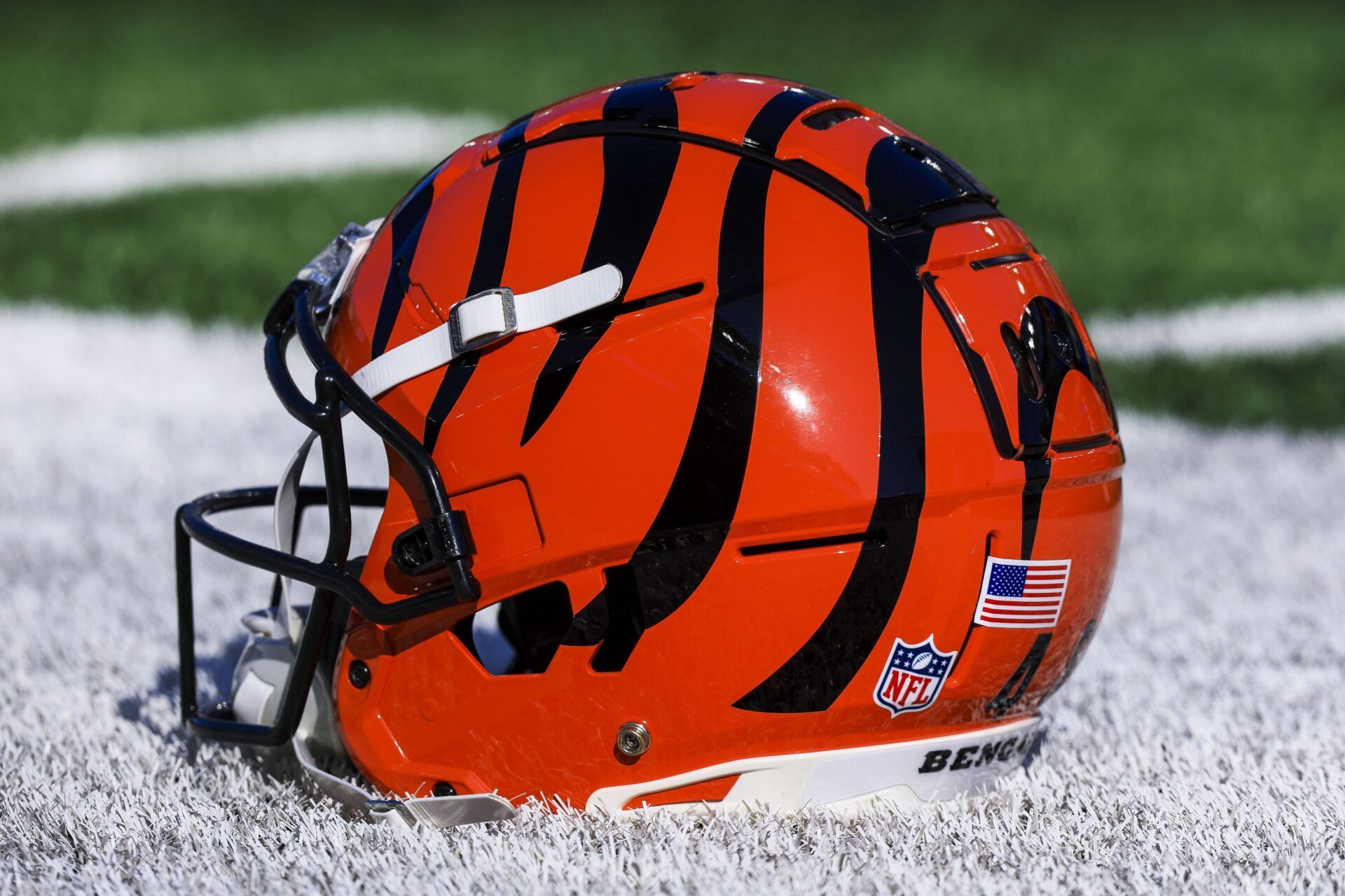 A general view of the helmet of Cincinnati Bengals long snapper Cal Adomitis (48) during warmups before the game against the Pittsburgh Steelers at Paycor Stadium.