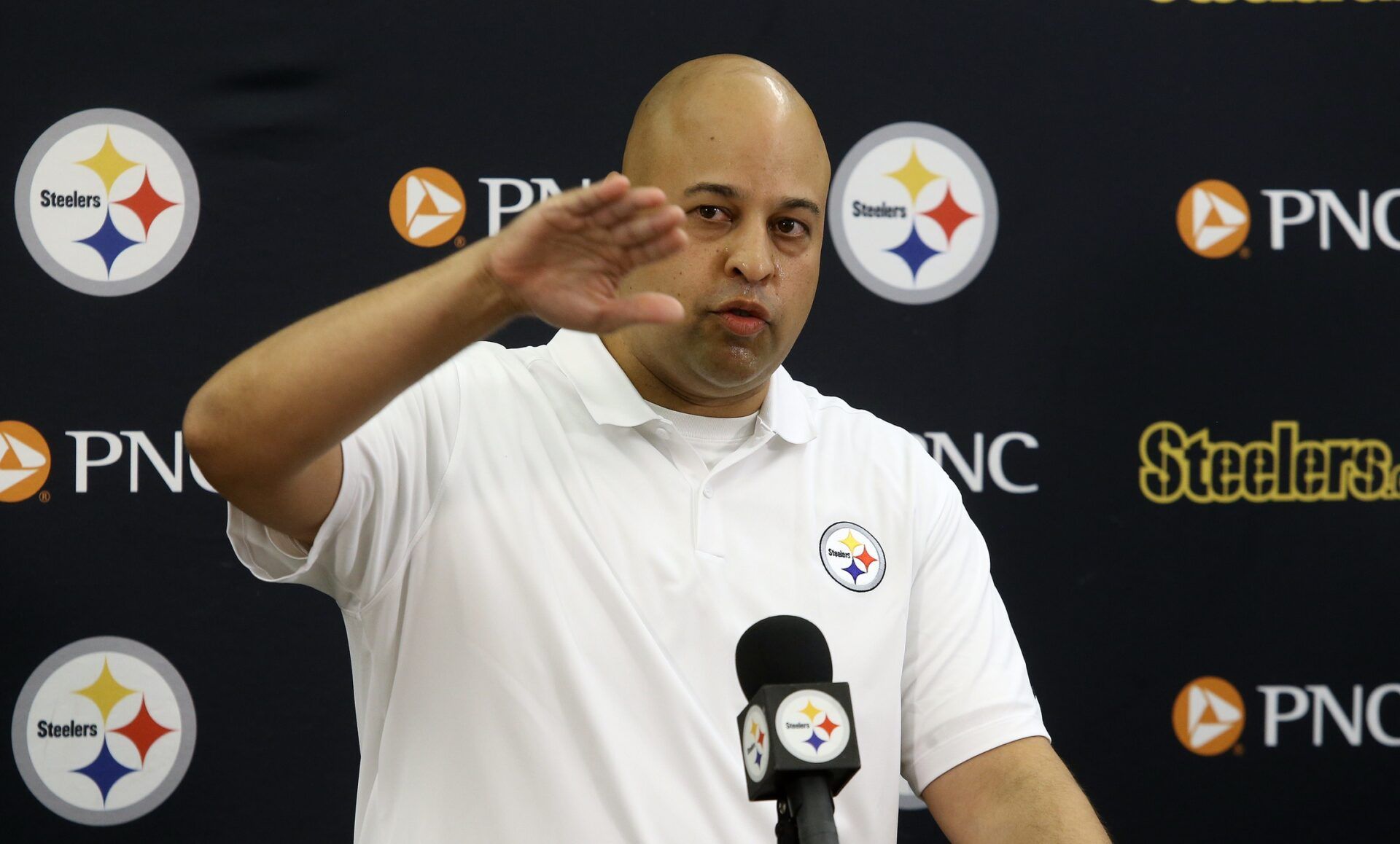 Pittsburgh Steelers general manager Omar Khan addresses the media prior to the start of training camp at Saint Vincent College.