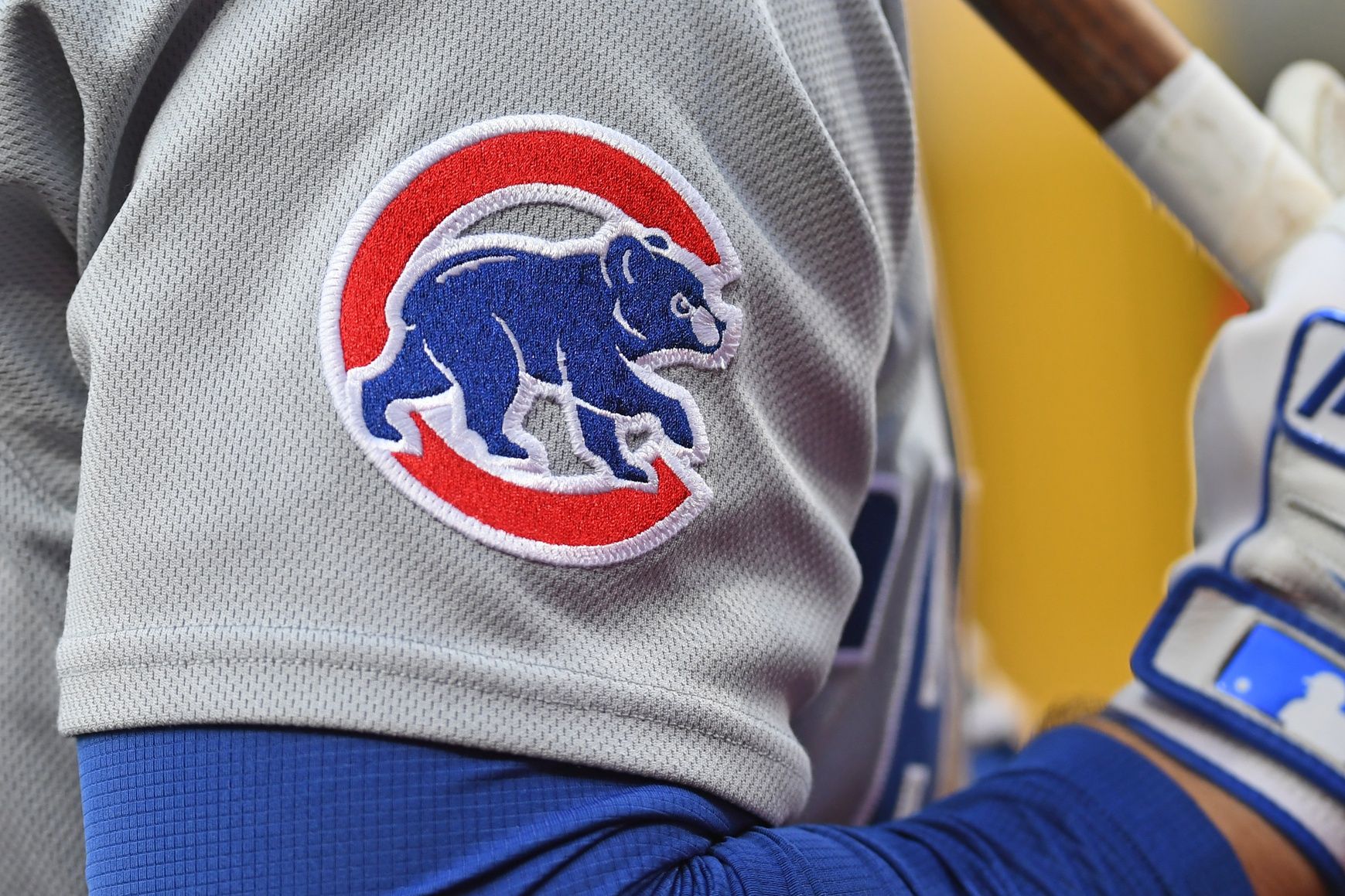 Chicago Cubs logo on the jersey of third base Matt Shaw (6) against the Philadelphia Phillies at Citizens Bank Park.