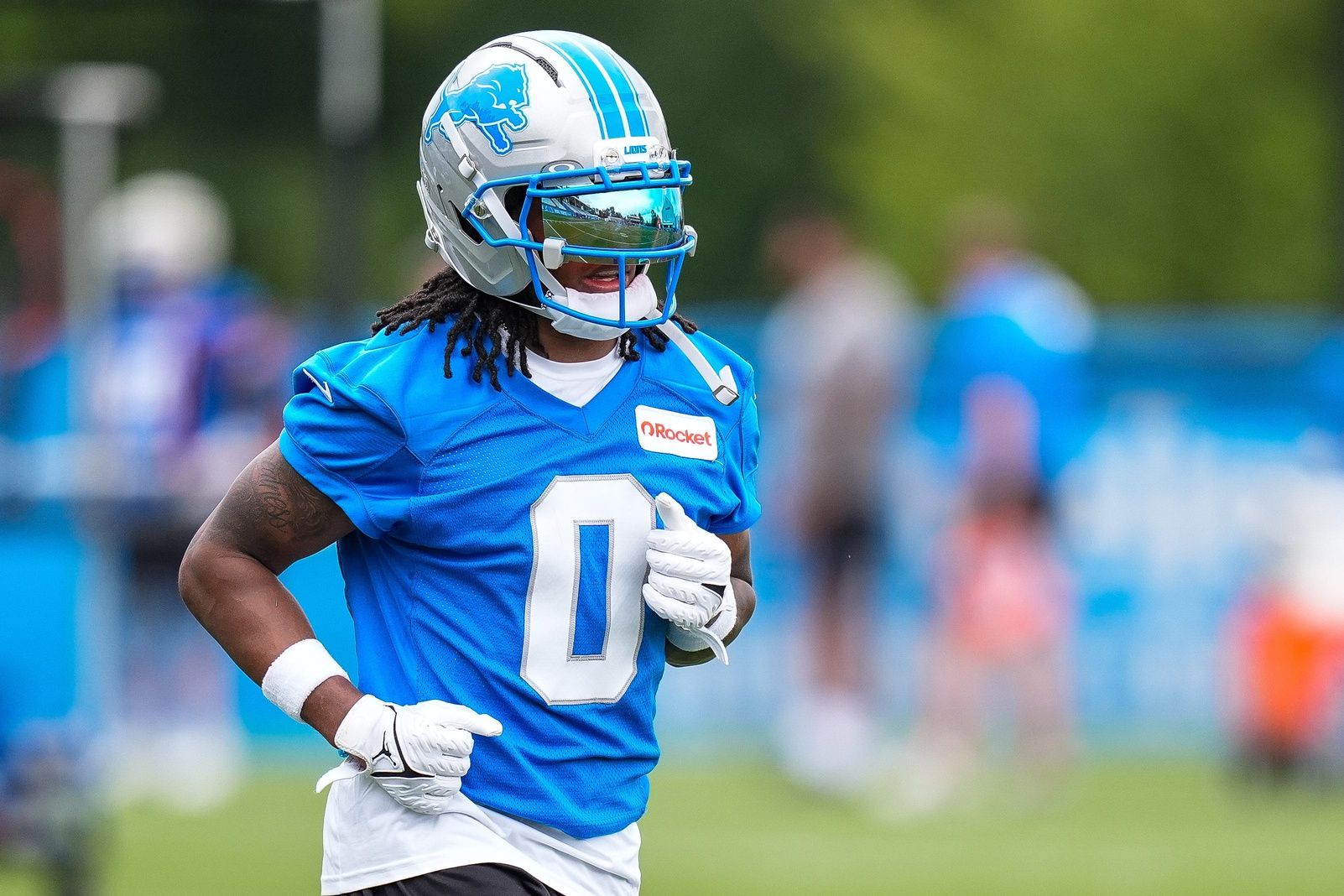 Detroit Lions running back Jahmyr Gibbs (0) practices during training camp at Meijer Performance Center in Allen Park on Sunday, July 20, 2025.