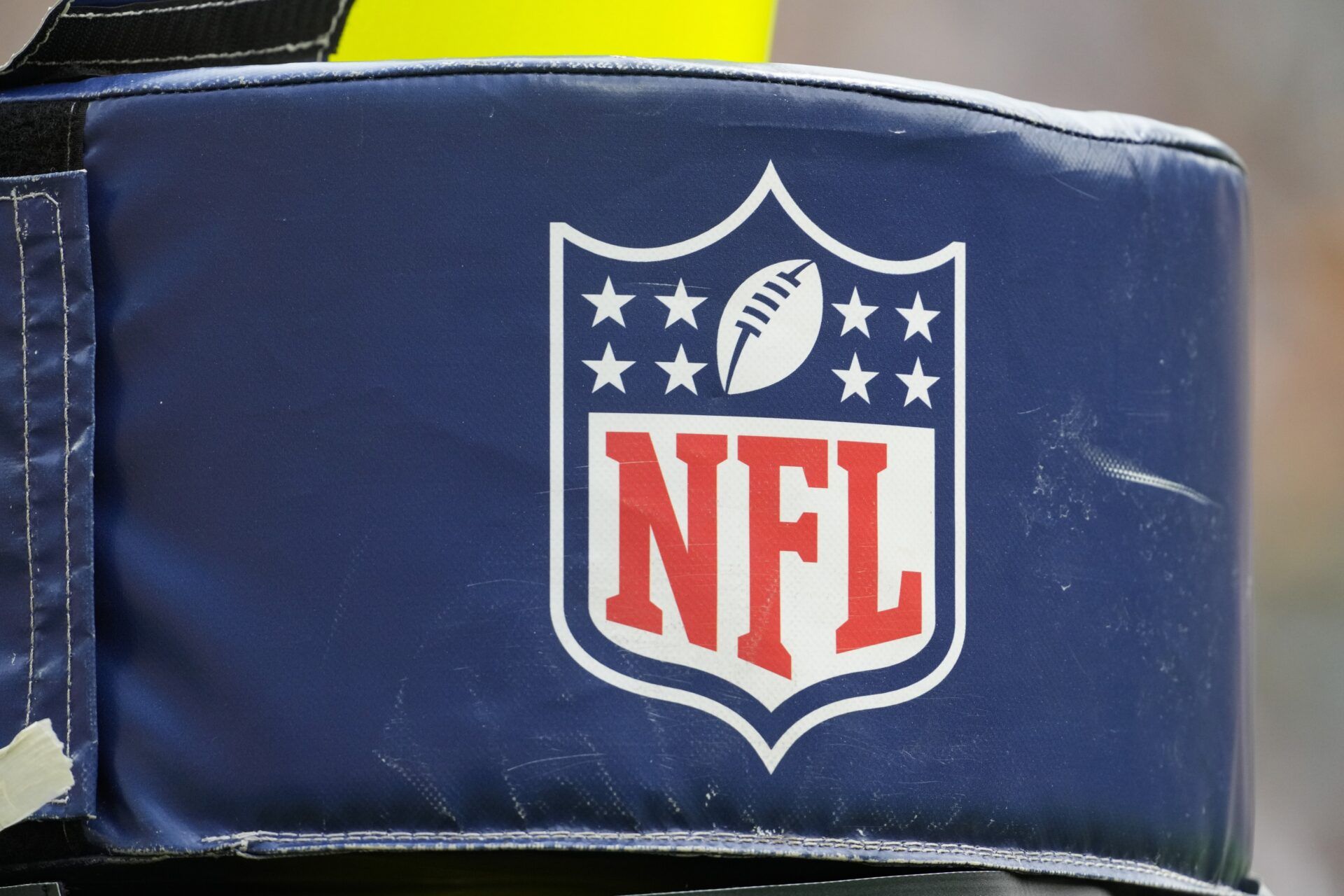 General view of the NFL logo on a goalpost during warmups prior to the game between the Baltimore Ravens and Green Bay Packers at Lambeau Field.