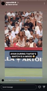 Frances Tiafoe Can’t Help but Laugh at Girlfriend Ayan Broomfield’s Wild Courtside Energy in Canadian Open Win Screengrab of Frances Tiafoe's Instagram stories (@bigfoe1998)