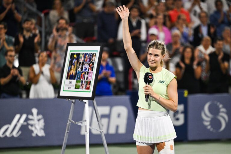 Eugenie Bouchard (CAN) salutes the crowd during her retirement ceremony at IGA Stadium.