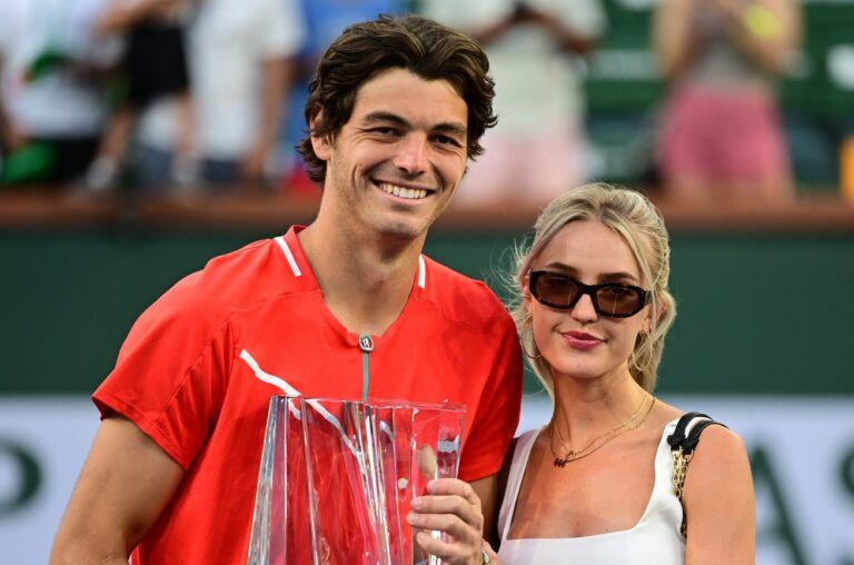 Taylor Fritz (USA) with his girlfriend Morgan Riddle after defeating Rafael Nadal (ESP) in the men’s final at the BNP Paribas Open at the Indian Wells Tennis Garden.