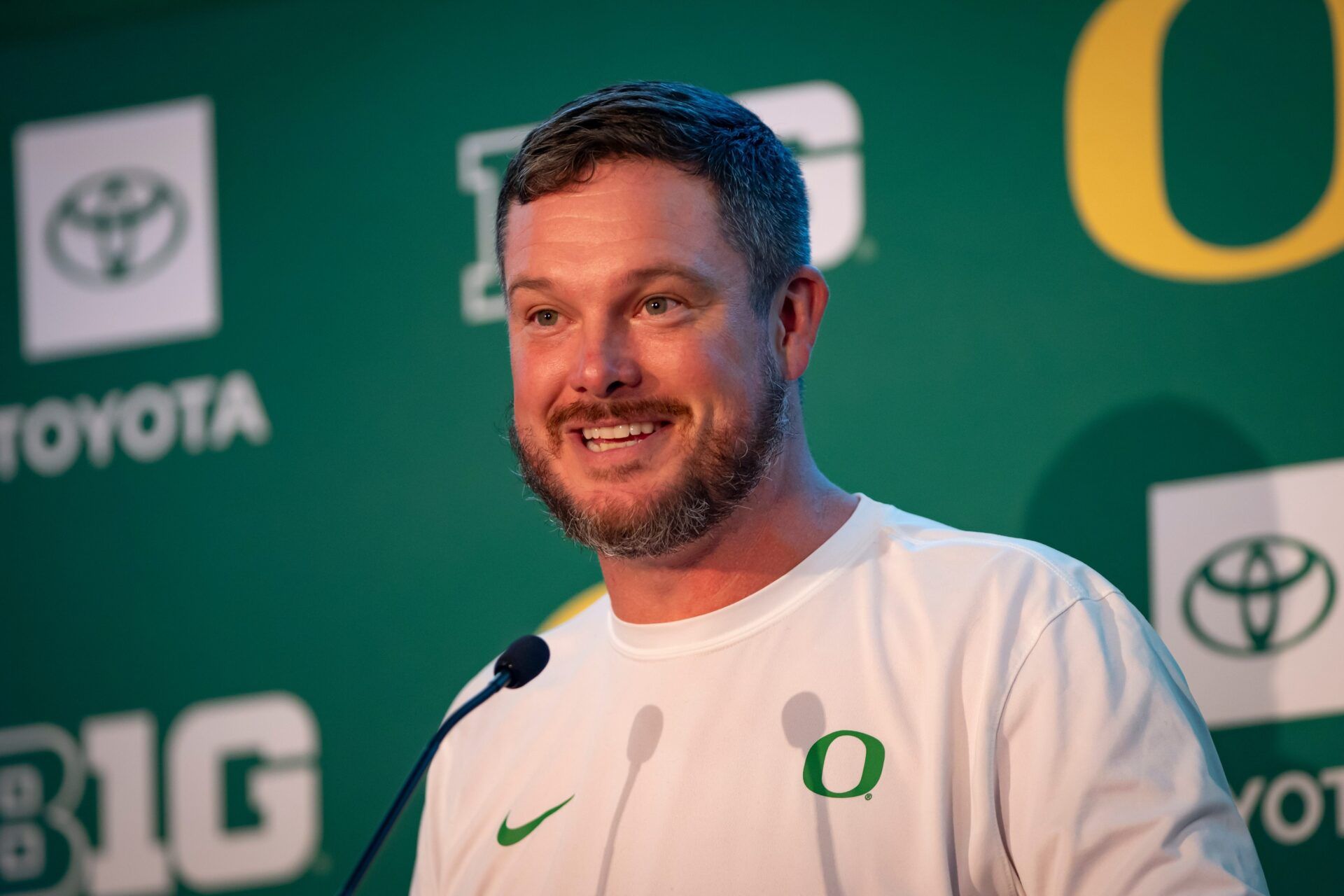 Oregon coach Dan Lanning speaks during Oregon football’s Media Day on July 28, 2025, at Autzen Stadium in Eugene.