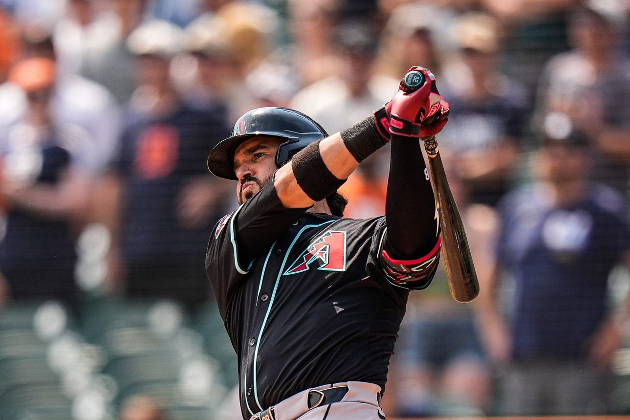 Arizona Diamondbacks designated hitter Eugenio Suárez (28) bats against Detroit Tigers during the ninth inning at Comerica Park in Detroit on Wednesday, July 30, 2025.