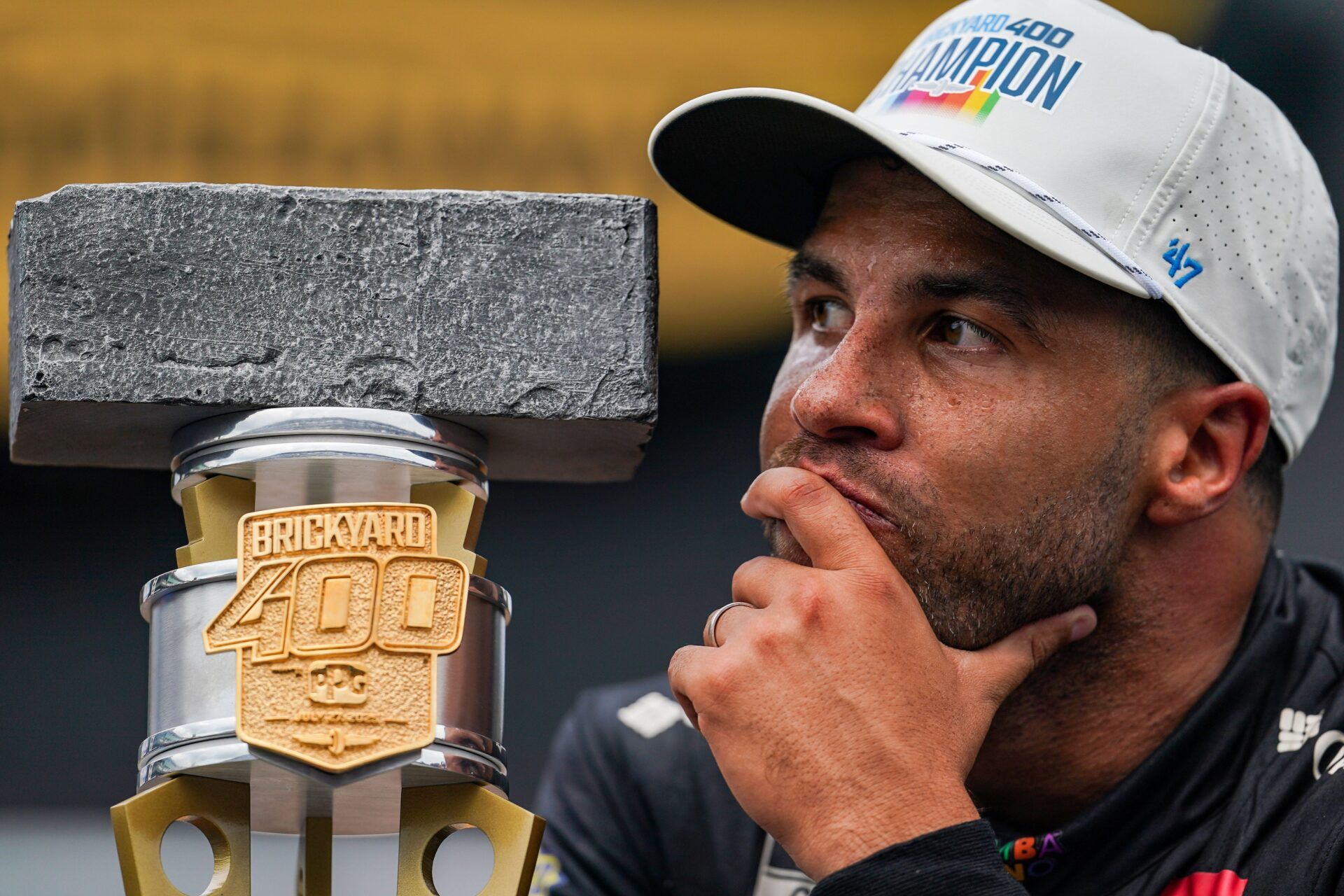 NASCAR Cup Series driver Bubba Wallace (23) celebrates winning Sunday, July 27, 2025, the Brickyard 400 at Indianapolis Motor Speedway.