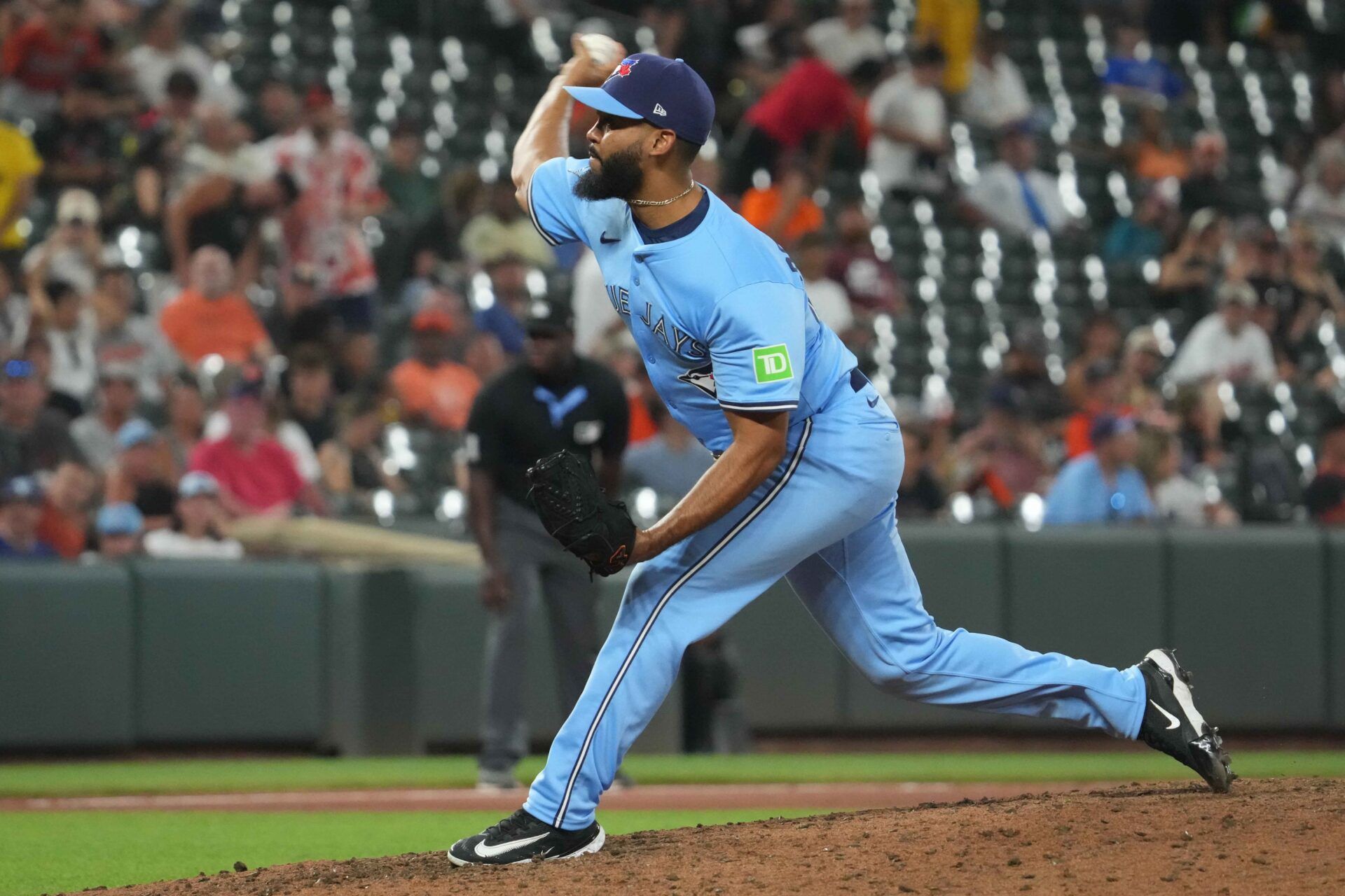 Toronto Blue Jays pitcher Seranthony Dominguez (48) pitches in the seventh inning after being acquired from the Baltimore Orioles in the middle of the doubleheader at Oriole Park at Camden Yards.