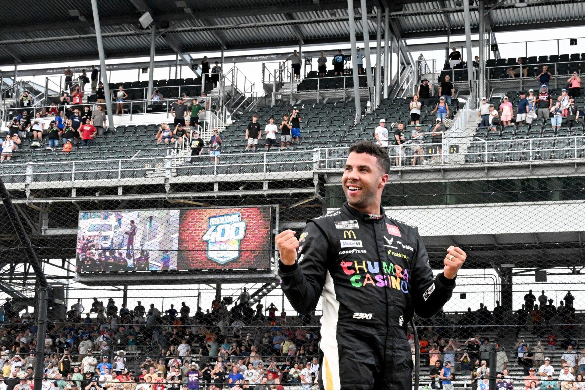 NASCAR Cup Series driver Bubba Wallace (23) celebrates Sunday, July 27, 2025, after winning the Brickyard 400 at Indianapolis Motor Speedway.