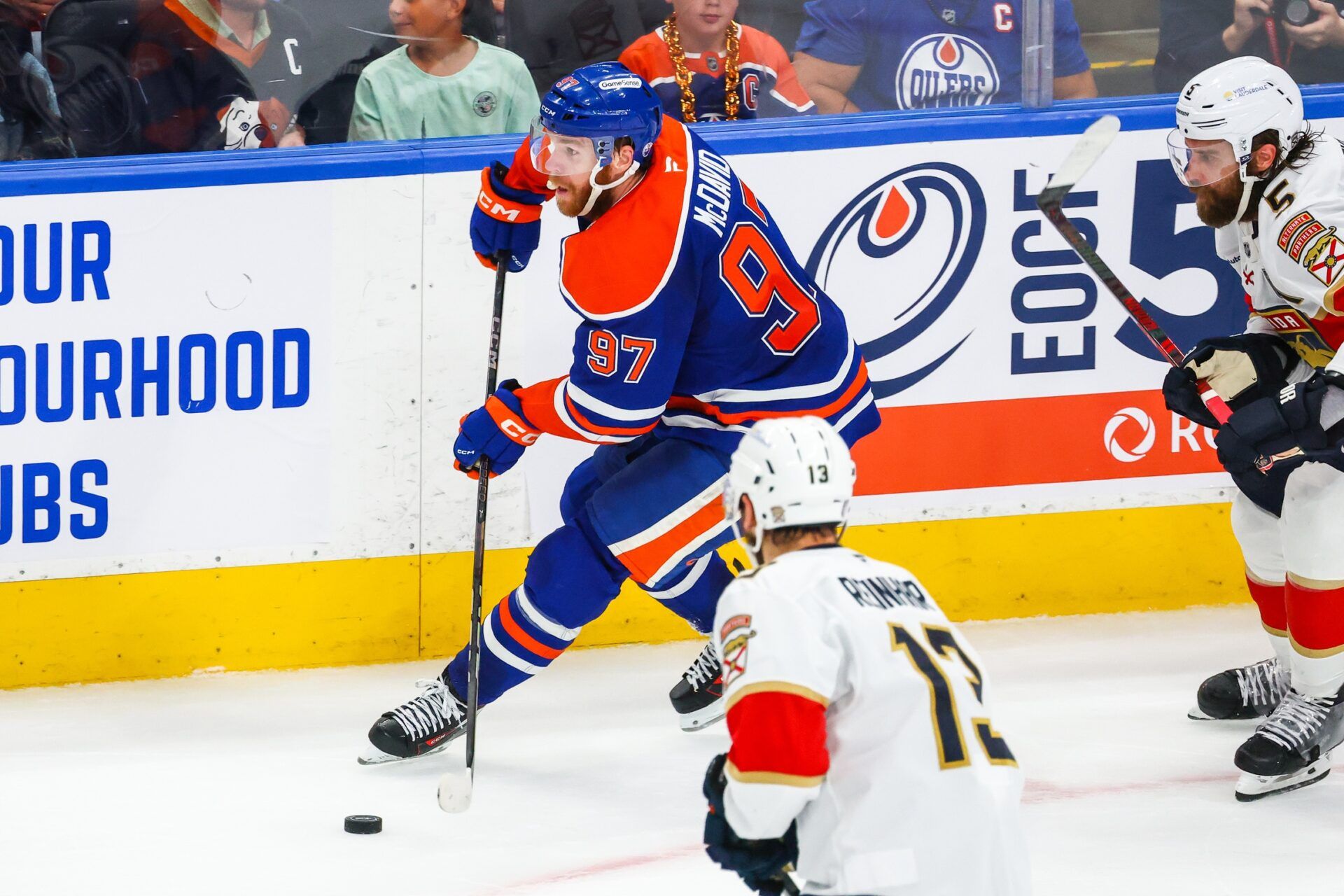 Edmonton Oilers center Connor McDavid (97) skates with the puck against the Florida Panthers during the second period in game five of the 2025 Stanley Cup Final at Rogers Place.