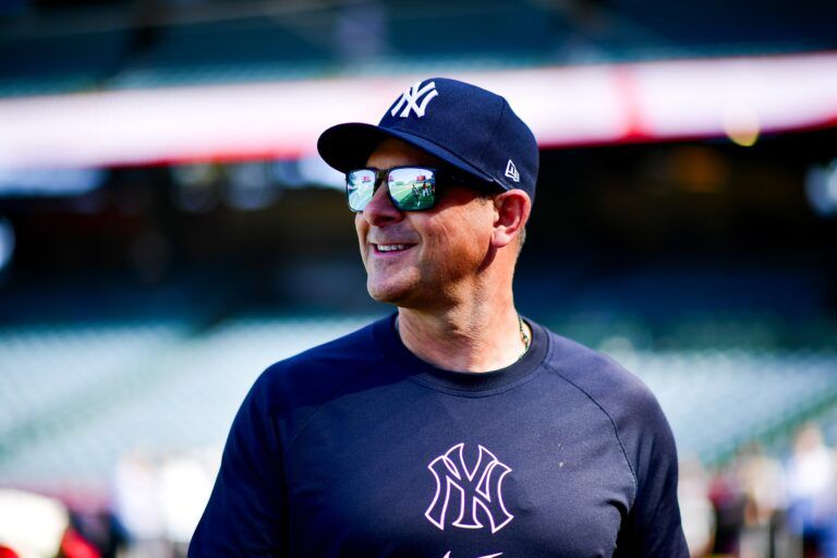 New York Yankees manager Aaron Boone (17) before the game against the Los Angeles Angels at Angel Stadium.