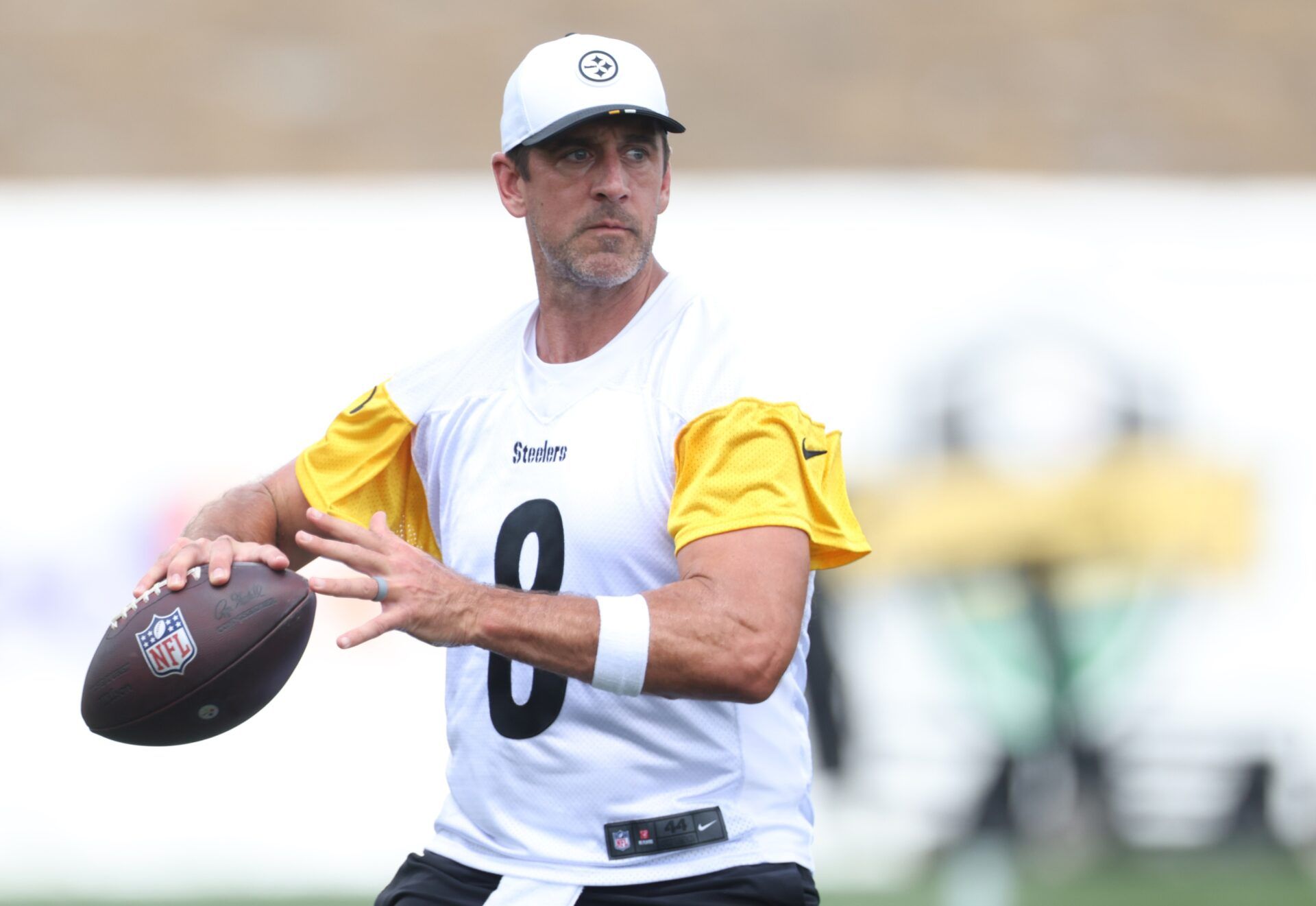 Pittsburgh Steelers quarterback Aaron Rodgers (8) participates in drills during training camp at Saint Vincent College.
