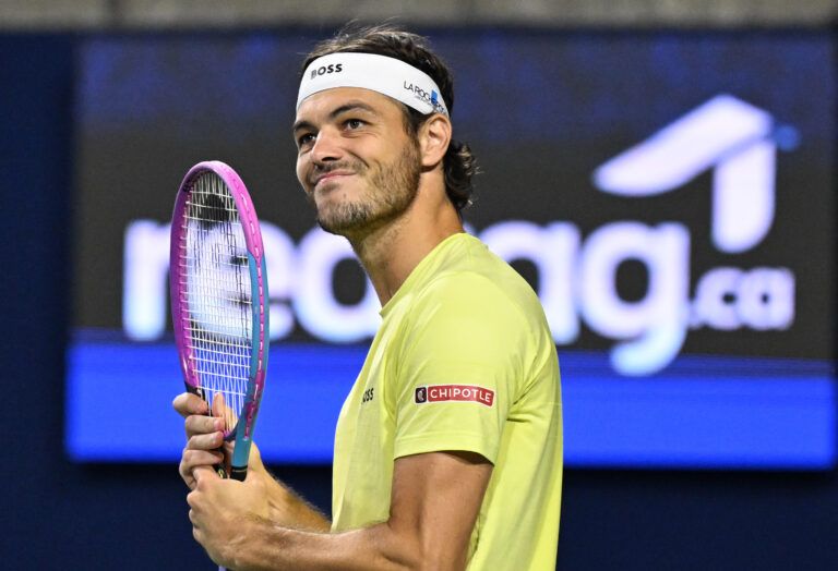 Taylor Fritz (USA) reacts after winning a point against Roberto Carballes Baena (ESP) during second round play at Sobeys Stadium.