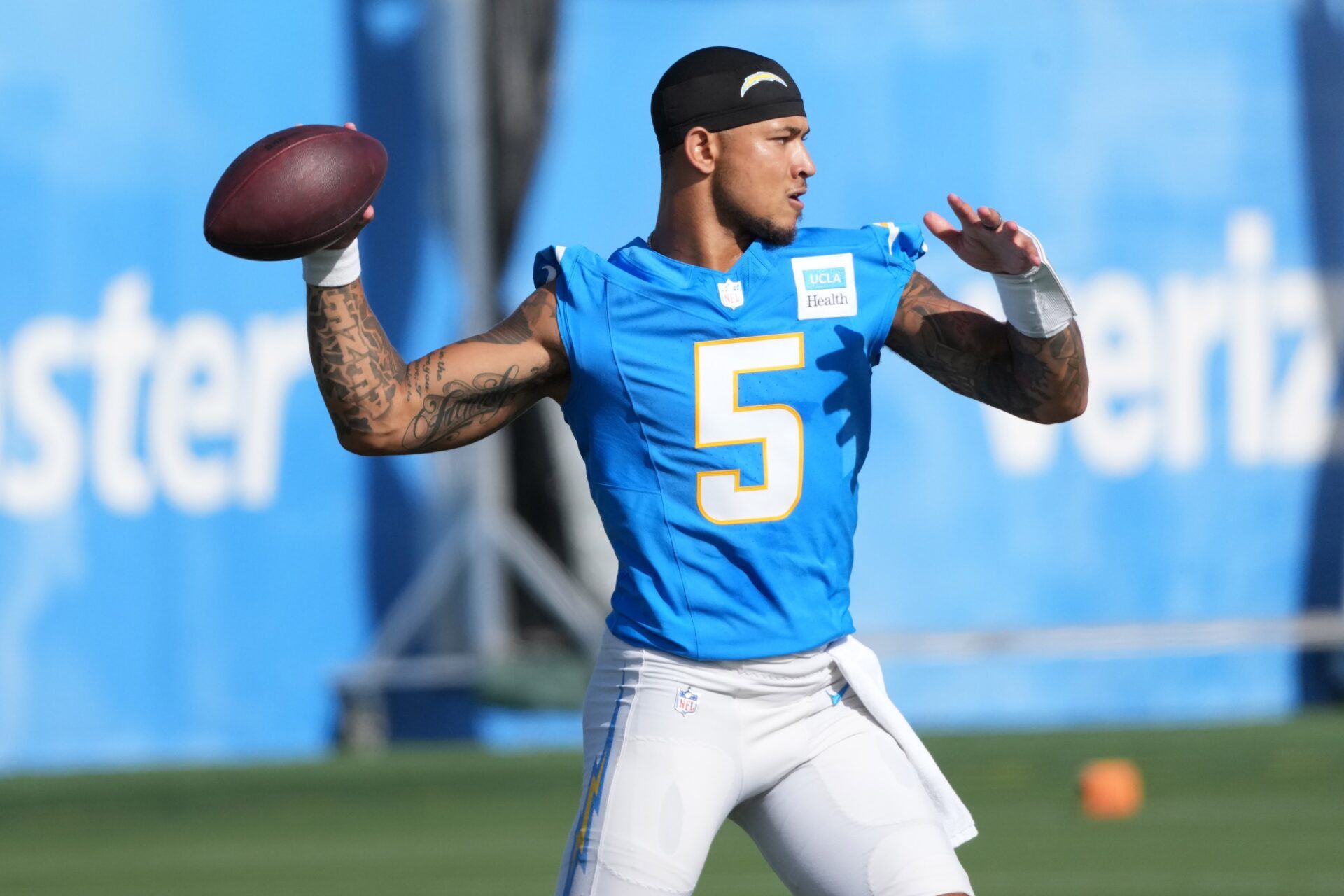 Los Angeles Chargers quarterback Trey Lance (5) throws the ball during training camp at The Bolt.