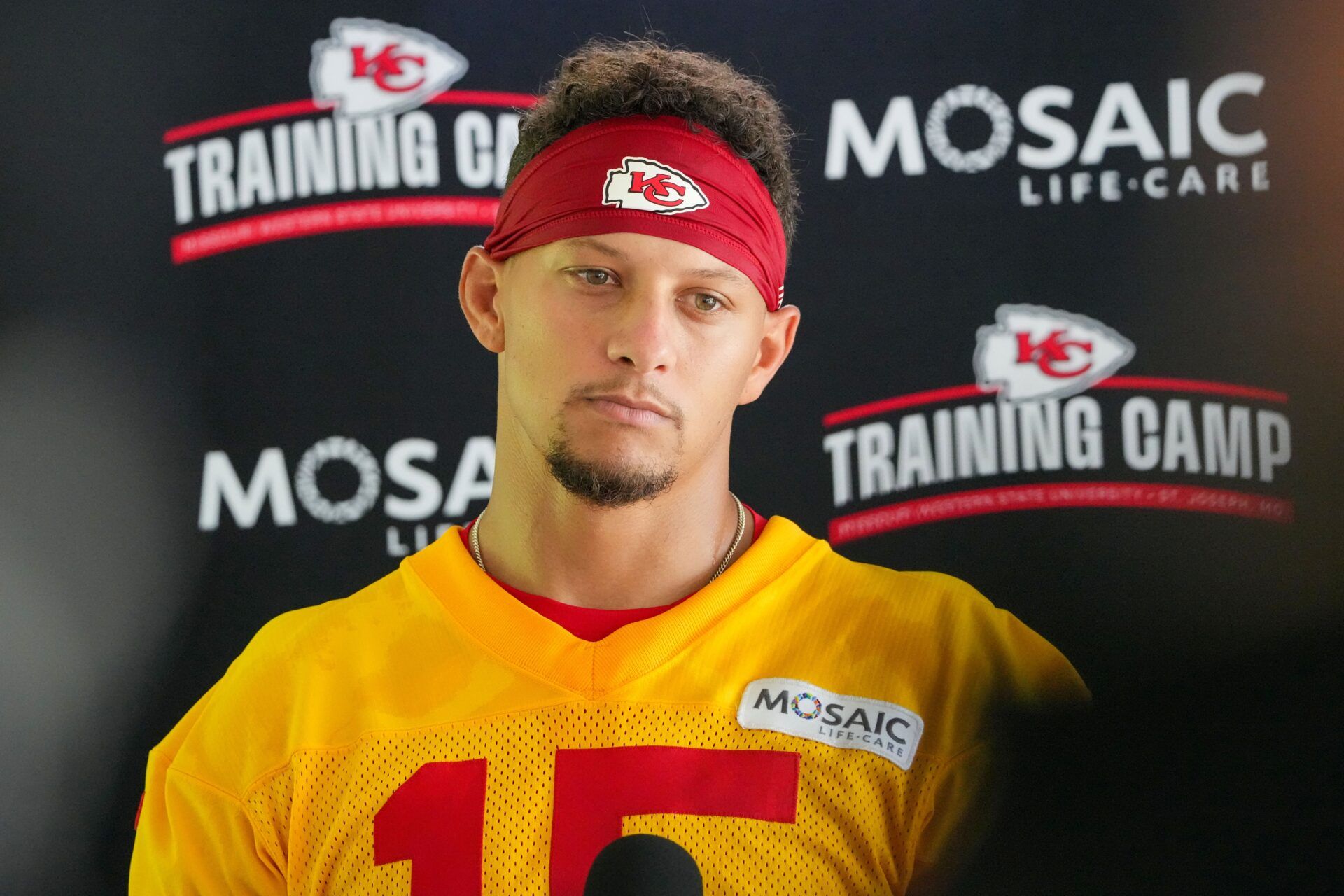 Kansas City Chiefs quarterback Patrick Mahomes (15) speaks to media after training camp at Missouri Western State University.