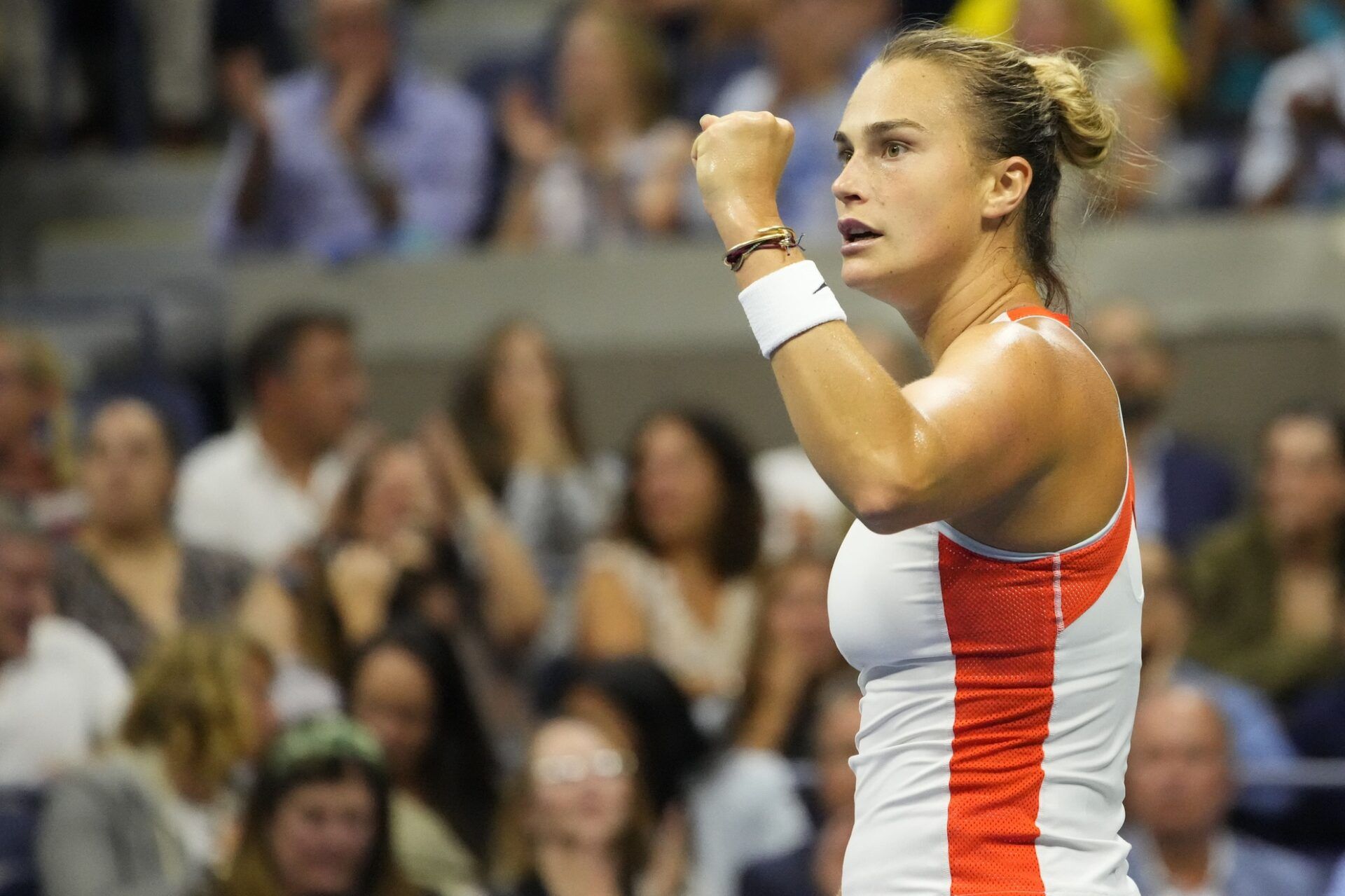 Aryna Sabalenka reacts after winning a point against Iga Swiatek (POL) (not pictured) on day eleven of the 2022 U.S. Open tennis tournament at USTA Billie Jean King Tennis Center.