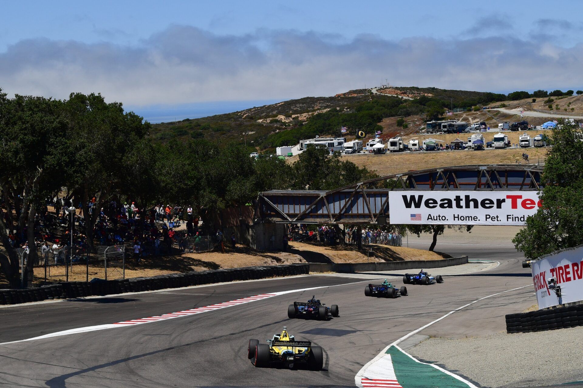 Dale Coyne Racing driver Rinus VeeKay (18) leads a group during the Monterey Grand Prix at WeatherTech Raceway Laguna Seca.