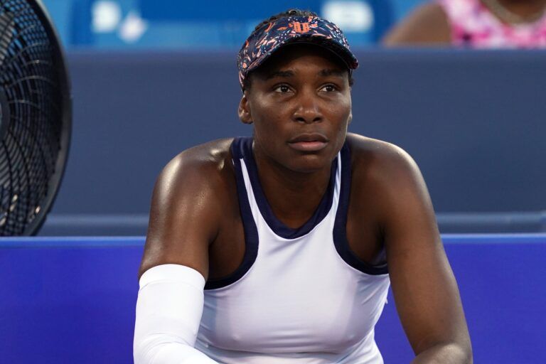 Venus Williams (USA) reacts during a stop in play Madison Keys (USA) during the Western and Southern Open tennis tournament at Lindner Family Tennis Center.