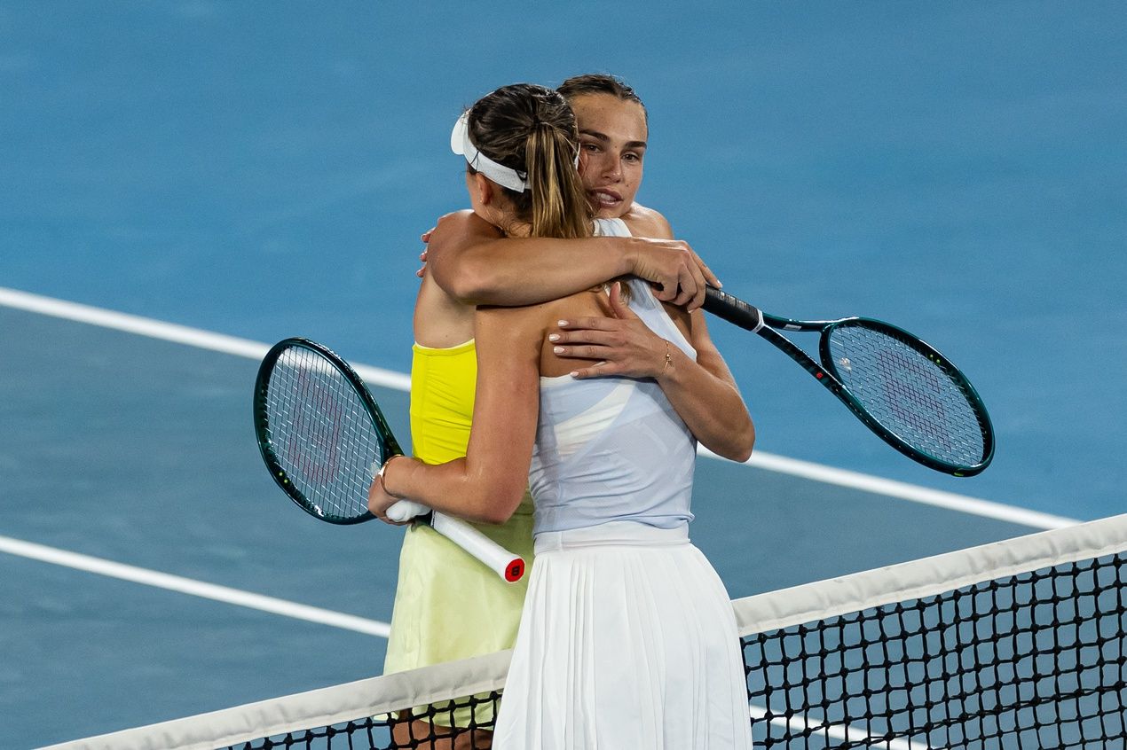 Aryna Sabalenka and Paula Badosa of Spain embraces after their match in the semifinals of the women's singles at the 2025 Australian Open at Melbourne Park.