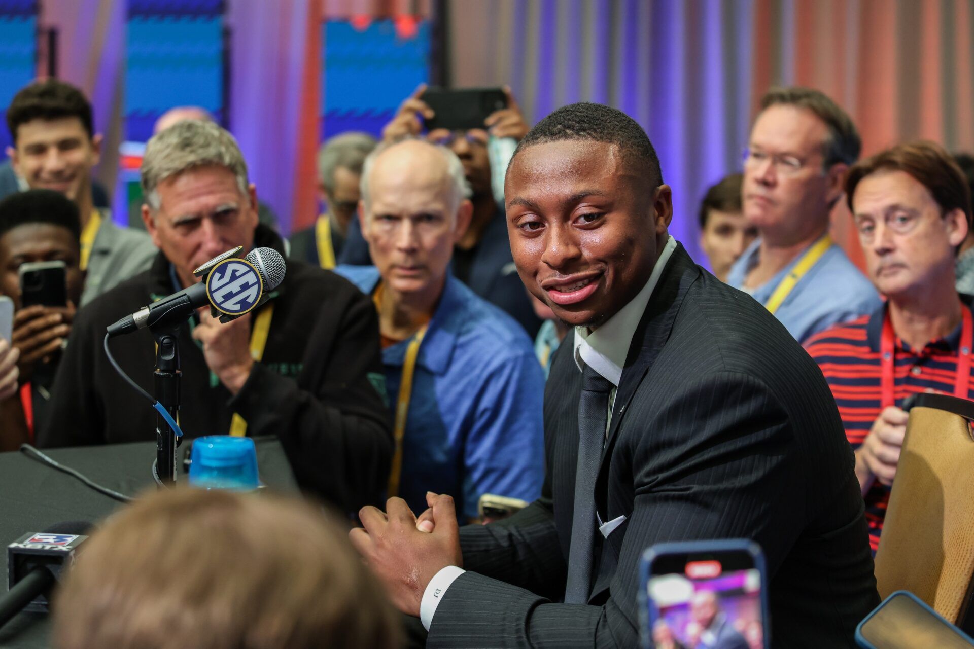Florida State Gators quarterback DJ Lagway answers questions from the media during the SEC Media Days at Omni Atlanta Hotel.
