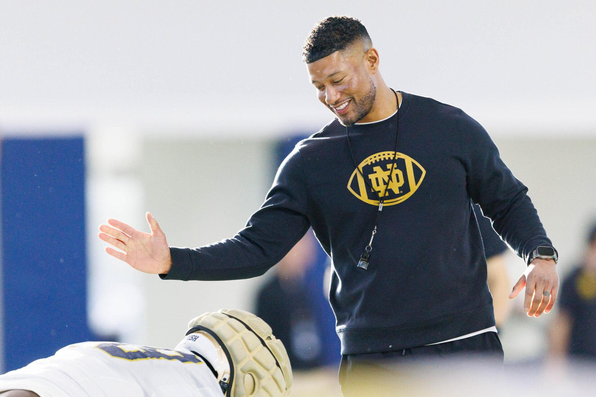 Notre Dame head coach Marcus Freeman greets his players during a Notre Dame football spring practice at Irish Athletic Center on Wednesday, March 19, 2025, in South Bend. IMAGN