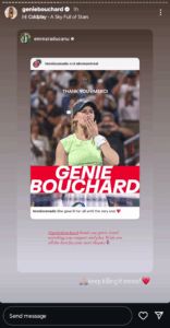 Screengrab of Eugenie Bouchard's Instagram stories (@geniebouchard)