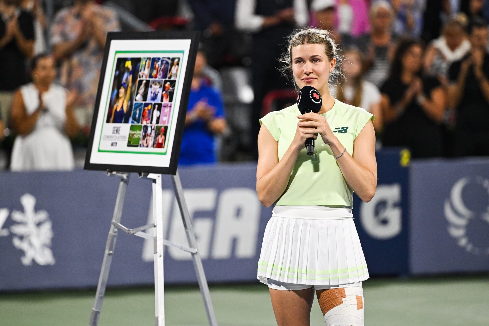 Eugenie Bouchard (CAN) addresses the crowd during her retirement ceremony at IGA Stadium.