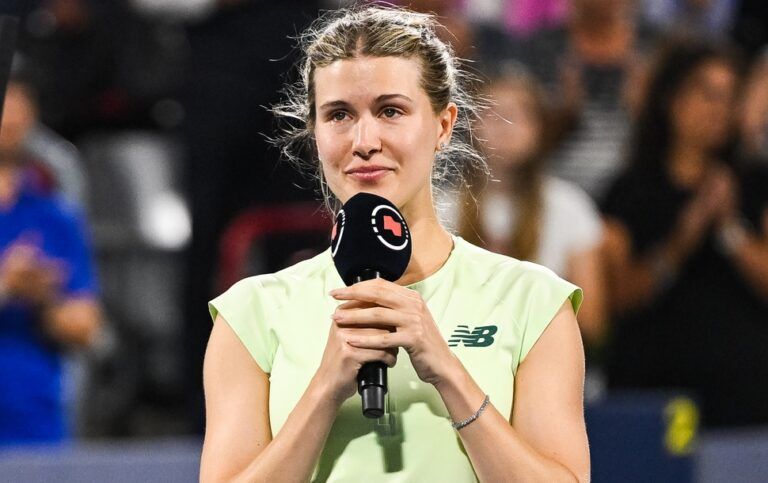 Eugenie Bouchard (CAN) addresses the crowd during her retirement ceremony at IGA Stadium.