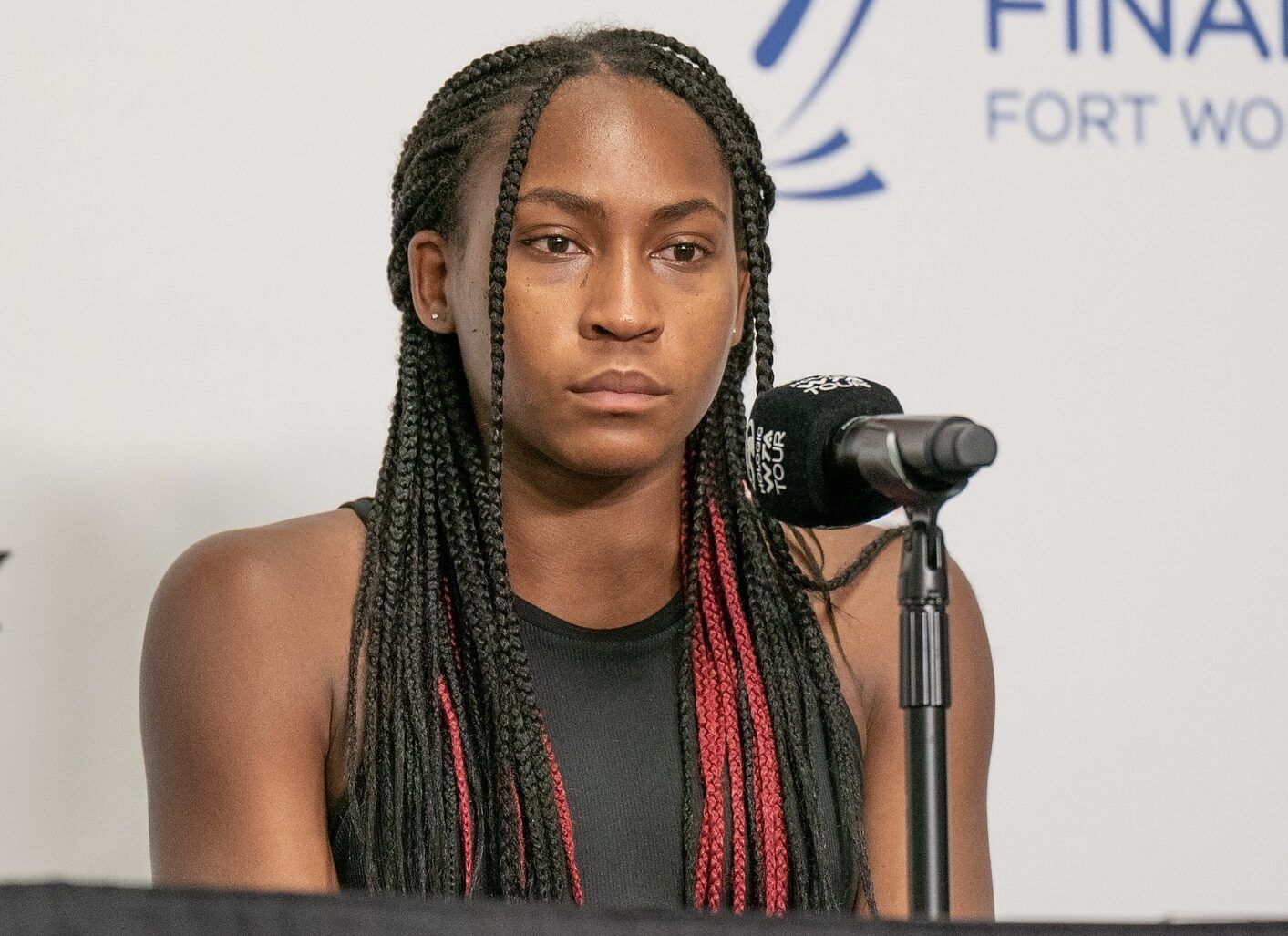 Coco Gauff (USA) in her press conference after losing her match to Daria Kasatkina (RUS) on day four of the WTA Finals at Dickies Arena.