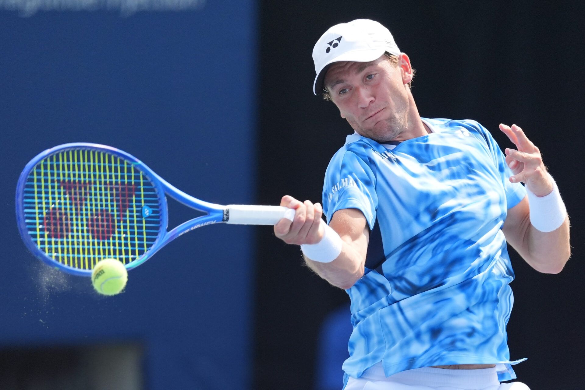 Casper Ruud (NOR) hits a ball to Nuno Borges (not pictured) during the third round at Sobeys Stadium.
