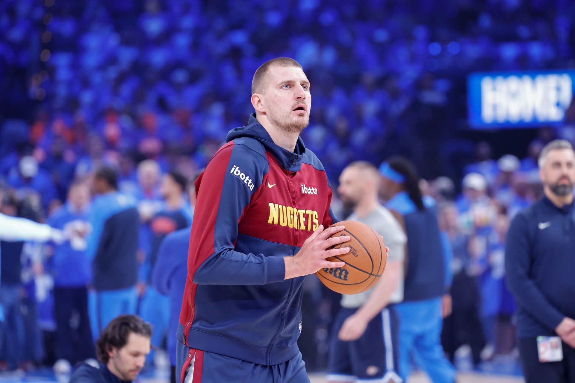 Denver Nuggets center Nikola Jokic (15) warms up before game seven of the second round against the Oklahoma City Thunder for the 2025 NBA Playoffs at Paycom Center.