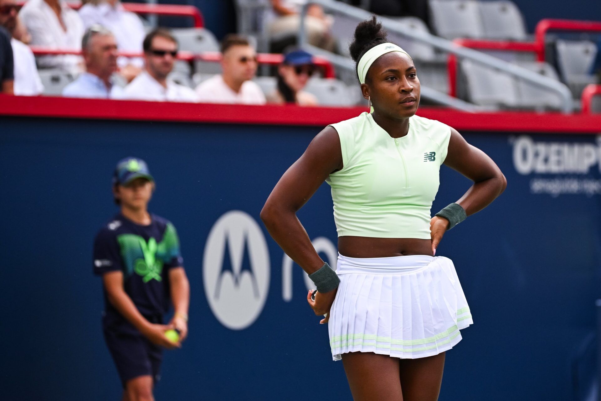 Coco Gauff (USA) reacts after losing a point against Veronika Kudermetova in third round play at IGA Stadium.
