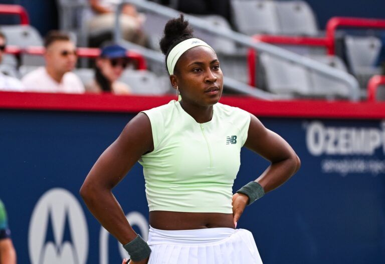 Coco Gauff (USA) reacts after losing a point against Veronika Kudermetova in third round play at IGA Stadium.