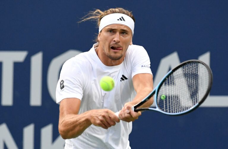 Alexander Zverev (GER) plays a shot against Matteo Arnaldi (ITA) during third round play at Sobeys Stadium.