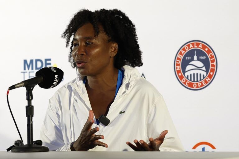 Venus Williams (USA) speaks to the media after her match against Magdalena Frech (POL)(not pictured) in a women's singles match on day four of the Mubadala Citi DC Open at Rock Creek Park Tennis Center.